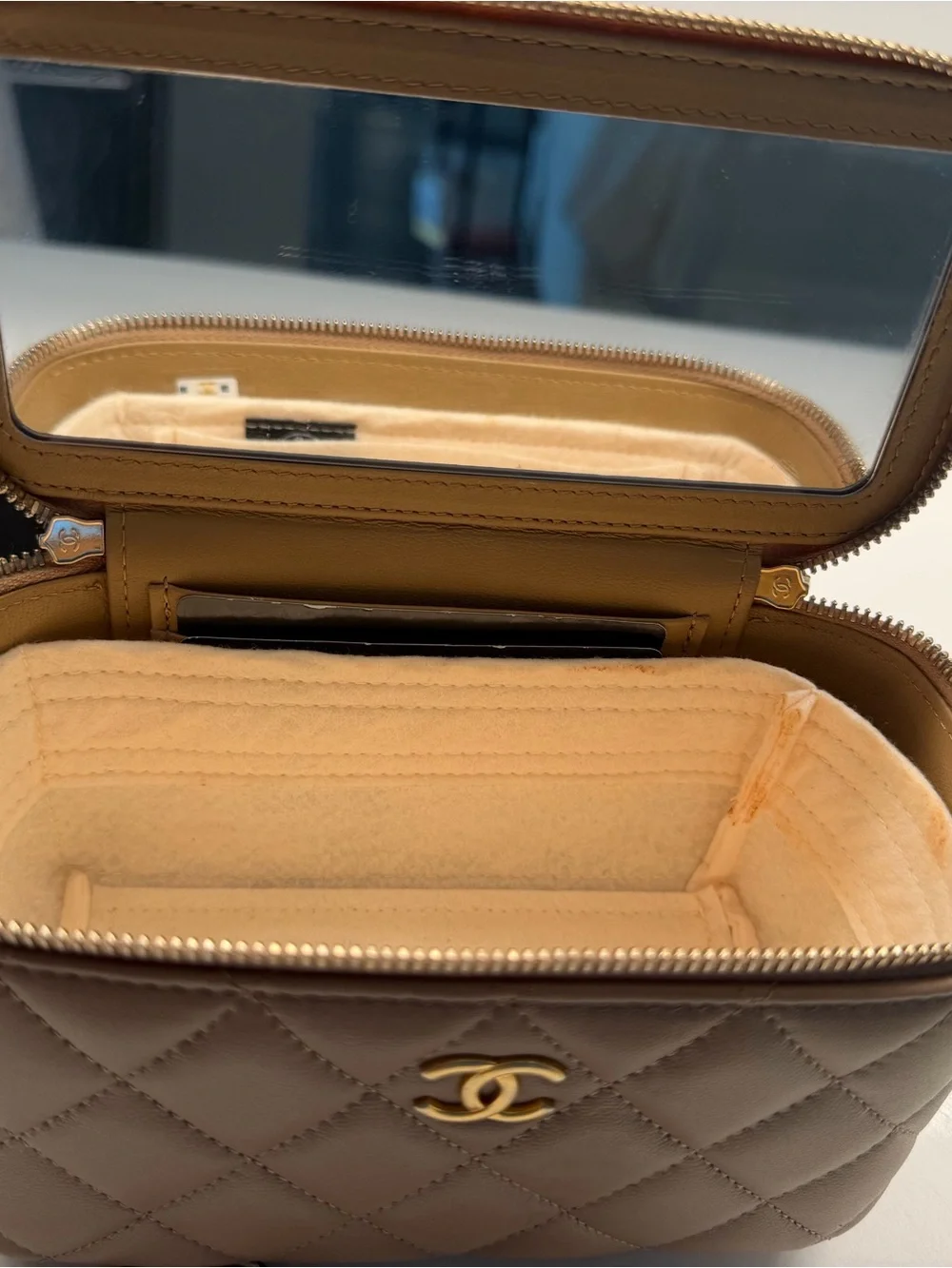 CHANEL Quilted Taupe Leather Vanity Crossbody with Gold Chain